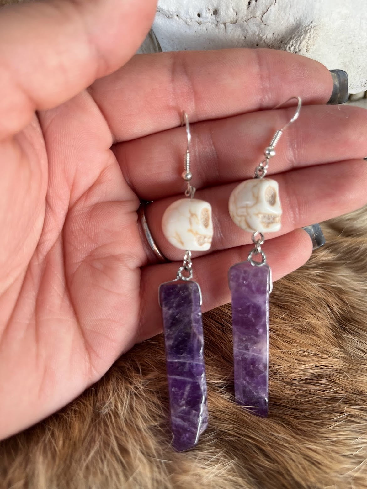 Amethyst And Skull Earring Set