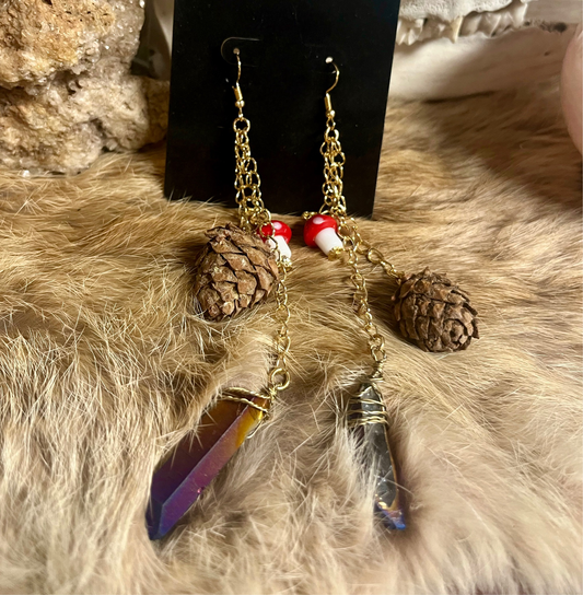 Titanium Quartz & Pinecone Earrings